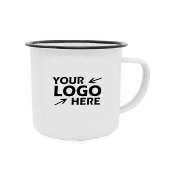 12oz Enamel Tin Camping Mug White Body Black Rim